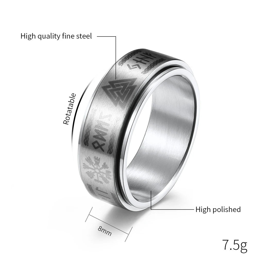 Fashion Stainless Steel Rotate Rotating Anxiety Fidget Rings For Men Vintage Odin Norse Viking Amulet Rune Ring Jewelry Gifts