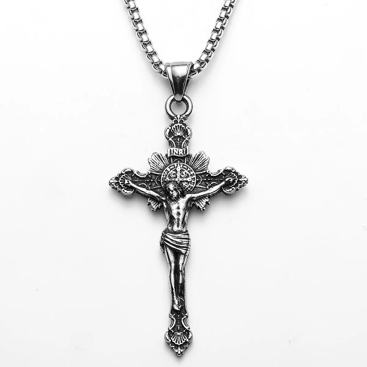 INRI Jesus Cross Exorcism Amulets Stainless Steel Men Necklaces Pendant Chain Punk For Women Fashion Jewelry Gifts Wholesale