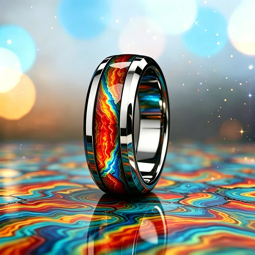 Fashion Men's Stainless Steel Ring with Flame Gradient Inlay Suitable for Daily Wear & Special Occasions, Gift for Him Non-Fade