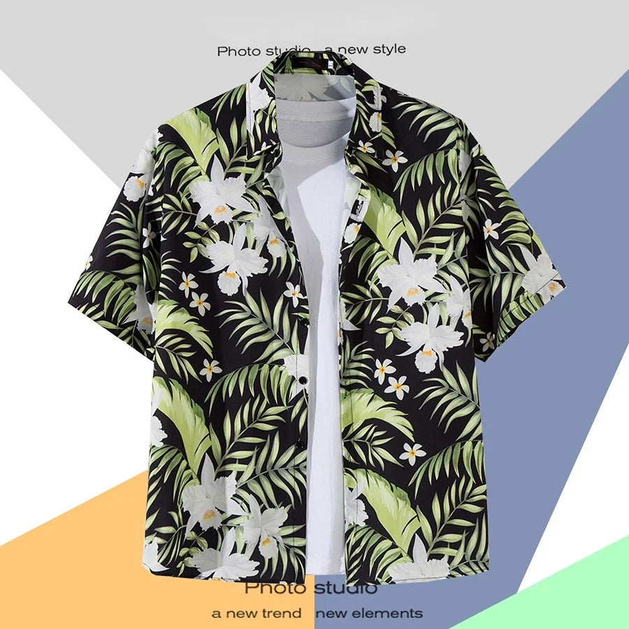 Men Street Fashion Summer Daily Shirt Hawaiian Cartoon Print Casual Loose Shirts Short Sleeve Beach Loose Tops Beige