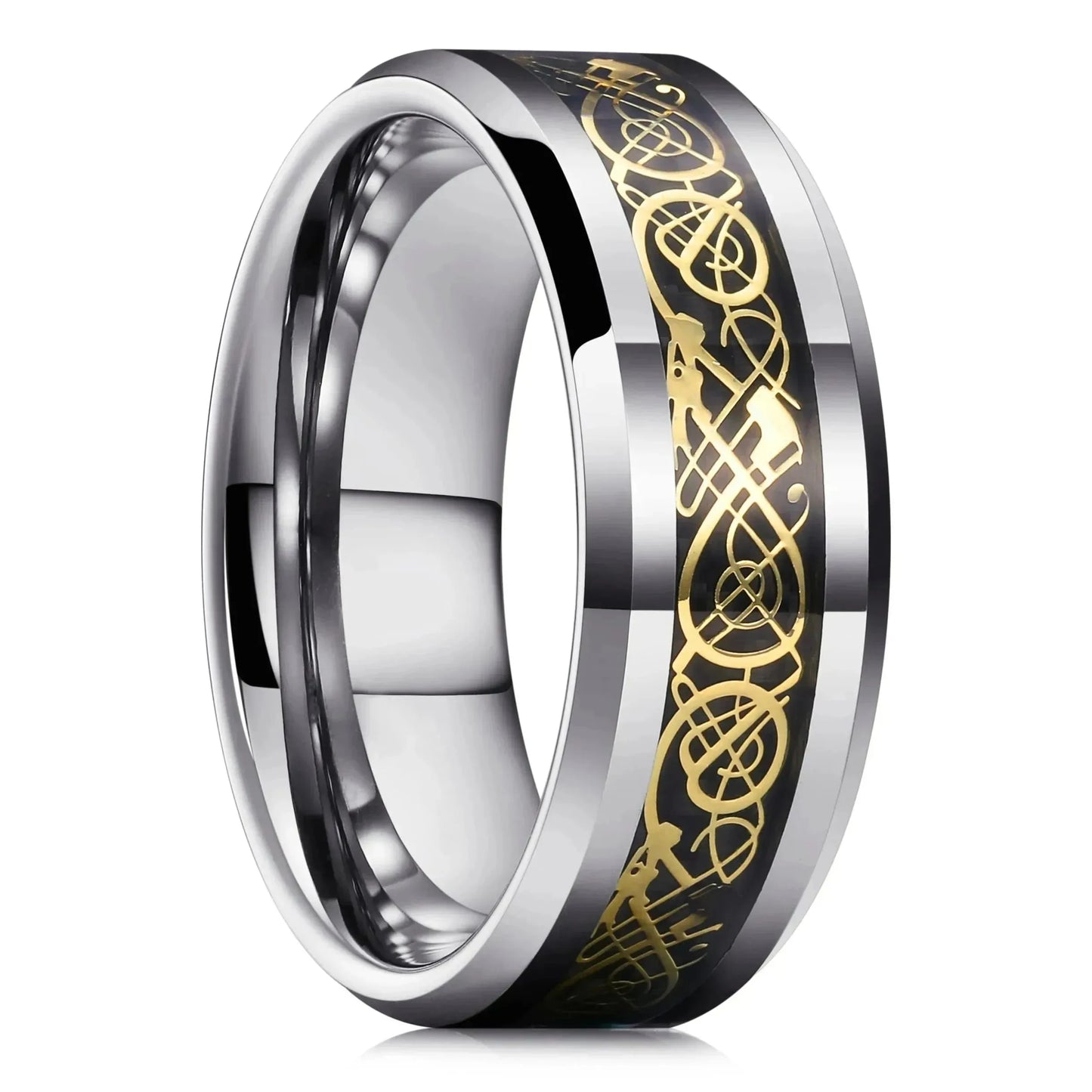 Fashion 8mm Men Stainless Steel Celtic Dragon Rings Inlay Orange Carbon Fiber Rings For Men Women Wedding Band Jewelry Wholesale