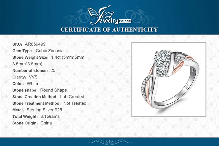 JewelryPalace Solid 925 Sterling Silver Wedding Engagement Ring for Woman 3 Stone AAAAA CZ Simulated Diamond Gold Infinity Ring