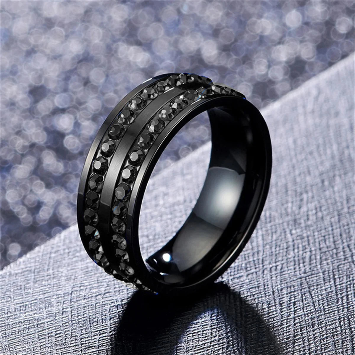 Fashion 8mm Double Row Rhinestone Stainless Steel Rings For Men Women Luxury Micro Paved CZ Crystal Rings Wedding Band Jewelry