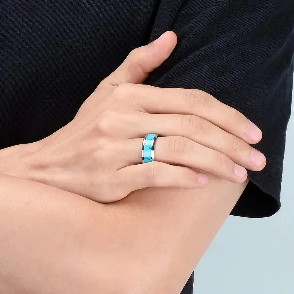 Fashion 8mm Men Stainless Steel Rings Inlay Blue Turquoise Rings For Men Women Wedding Engagement Band Jewelry Gift Wholesale