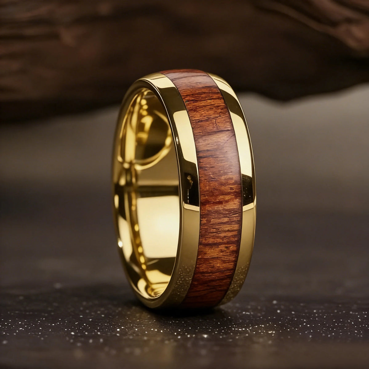 Fashion Koa Wood Inlay Rings 8MM Gold Color Men Stainless Steel Rings For Men Women Domed Wedding Engagement Jewelry Gift