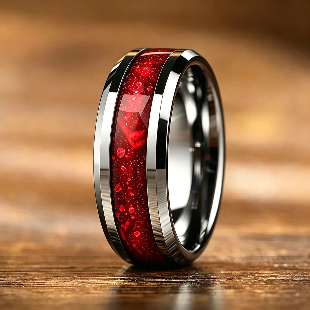 With Koa Wood Inlay Rings for Men Fashion 8mm Hammered Silver Color Men Stainless Steel Rings Wedding Band Jewelry Wholesale