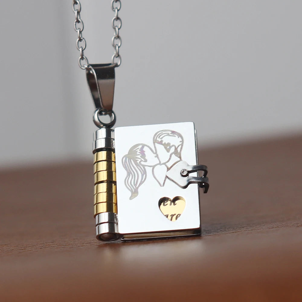 Small size Fashion Romantic Love Book Heart Pendant Stainless Steel Tiny 18mm Love Book Heart Necklaces for Women Jewelry Gifts