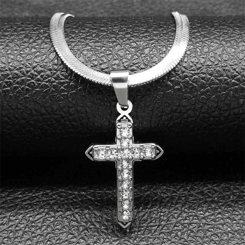 Vintage Shiny Zircon Jesus Cross Religious Amulet Necklace Women Stainless Steel Clavicle Snake Chain Choker Necklaces Jewelry