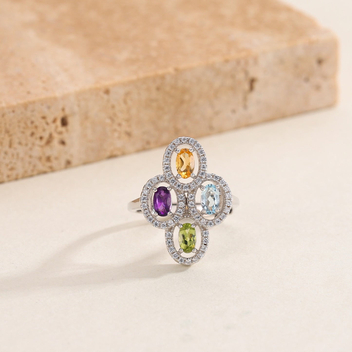 GEM&#39;S BALLET Clover Flower Ring Natural Amethyst Peridot Topaz Citrine Birthstone Ring in 925 Sterling Silver Gift For Her