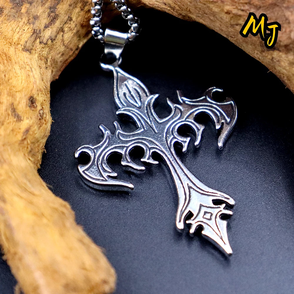 Vintage Men's Gothic Flame Cross Pendant Necklace Alloy Motorcycle Club Gothic  DragonEnwined Skull Cross Halloween Jewelry Gift