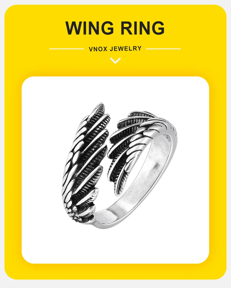 Vnox Men Women Angel's Wing Ring,Devil Wing Feather Finger Band, Adjustable Open Ring Jewelry Gift
