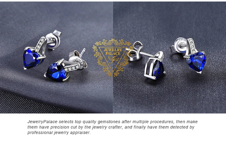 JewelryPalace Love Heart 2.1ct Created Blue Sapphire 925 Sterling Silver Stud Earrings for Woman Fine Jewelry Anniversary Gift