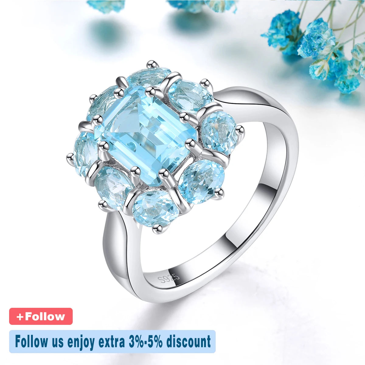 Natural Sky Blue Topaz Solid Silver S925 Rings 3.7 Carats Genuine Gemstone Women Daily Fine Jewelrys Birthday New Year Gifts