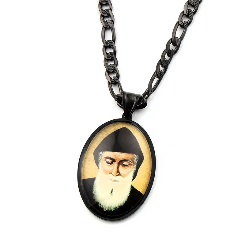 Orthodox Church Saint Charbel Glass Medal Pendant Necklace for Women Men Stainless Steel Gold Color Amulet Protection Jewelry