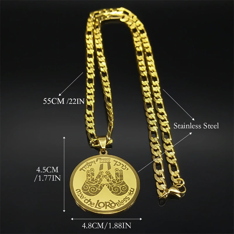 May The Lord Bless You Praying Hand Pendant Necklace For Women Men Stainless Steel Gold Color Round Medal Hebrew Hip Hop Jewelry