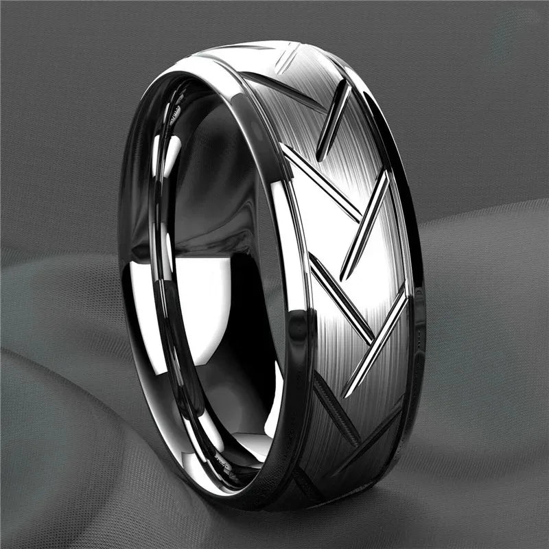 Trendy 8mm Men Frosted Stainless Steel Rings, Gold Color Brushed Groove Beveled Edge Engagement Rings For Men, Wedding Jewelry