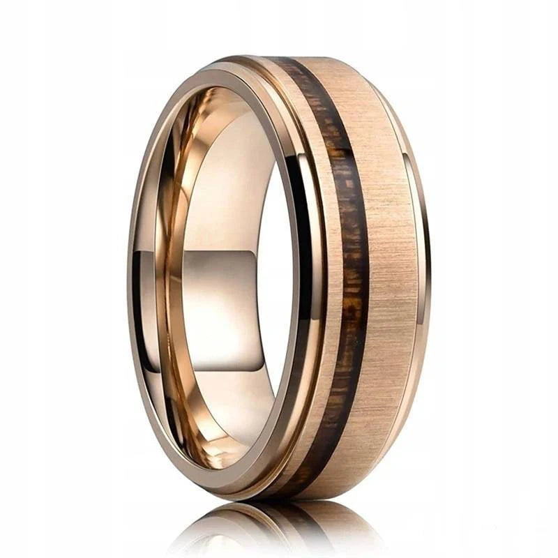 Fashion 8mm Rose Gold Color Stainless Steel Guitar String Rings for Men Koa Wood Inlay Ring Whiskey Barrel Mens Wedding Band