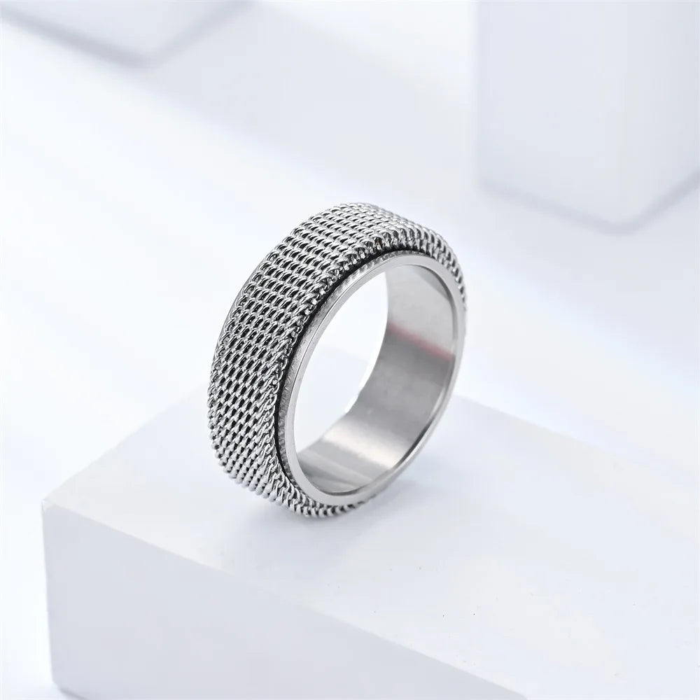 Simple 8mm Stainless Steel Spinner Anxiety Rings for Women Men Rotatable Mesh Chain Spinner Rings Anti Stress Weddding Jewelry