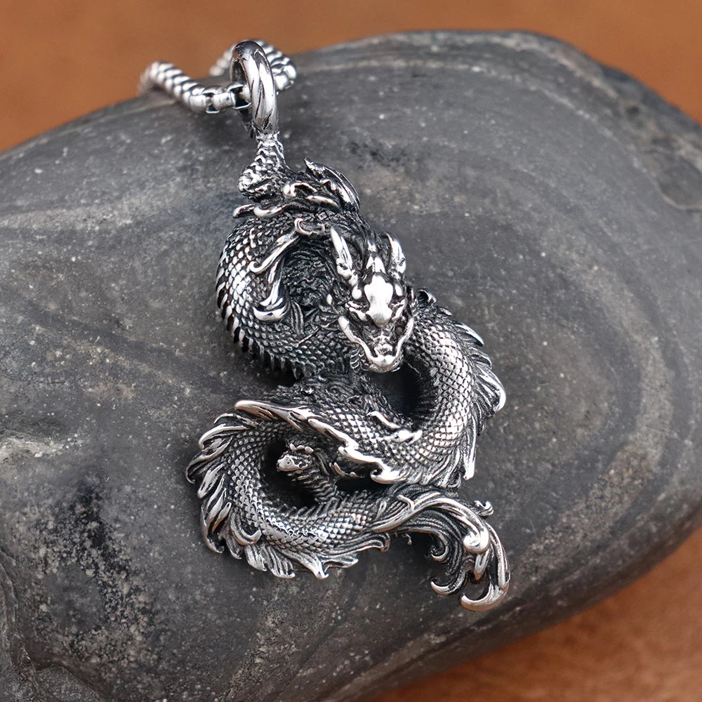 Stainless Steel Domineering Chinese Dragon Pendant Chain for Men Fashion Punk Dragon Necklaces Popular Party Jewelry