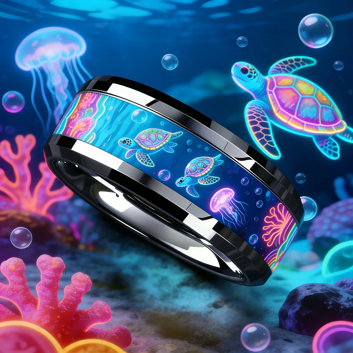 Cute Ocean-Themed 8mm Men Stainless Steel Ring with Dreamy Sea Jellyfish Pattern Inlay Rings for Teenager Wedding Party Jewelry