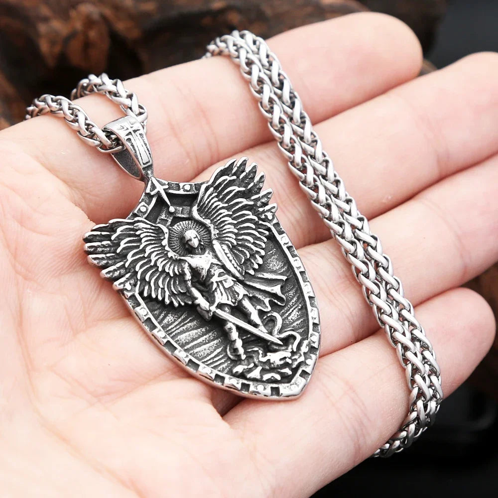 Fashion Vintage Stain Michael With Angel Wings Pandent Necklaces For Men Women Stainless Steel Biker Amulet Jewelry Dropshipping