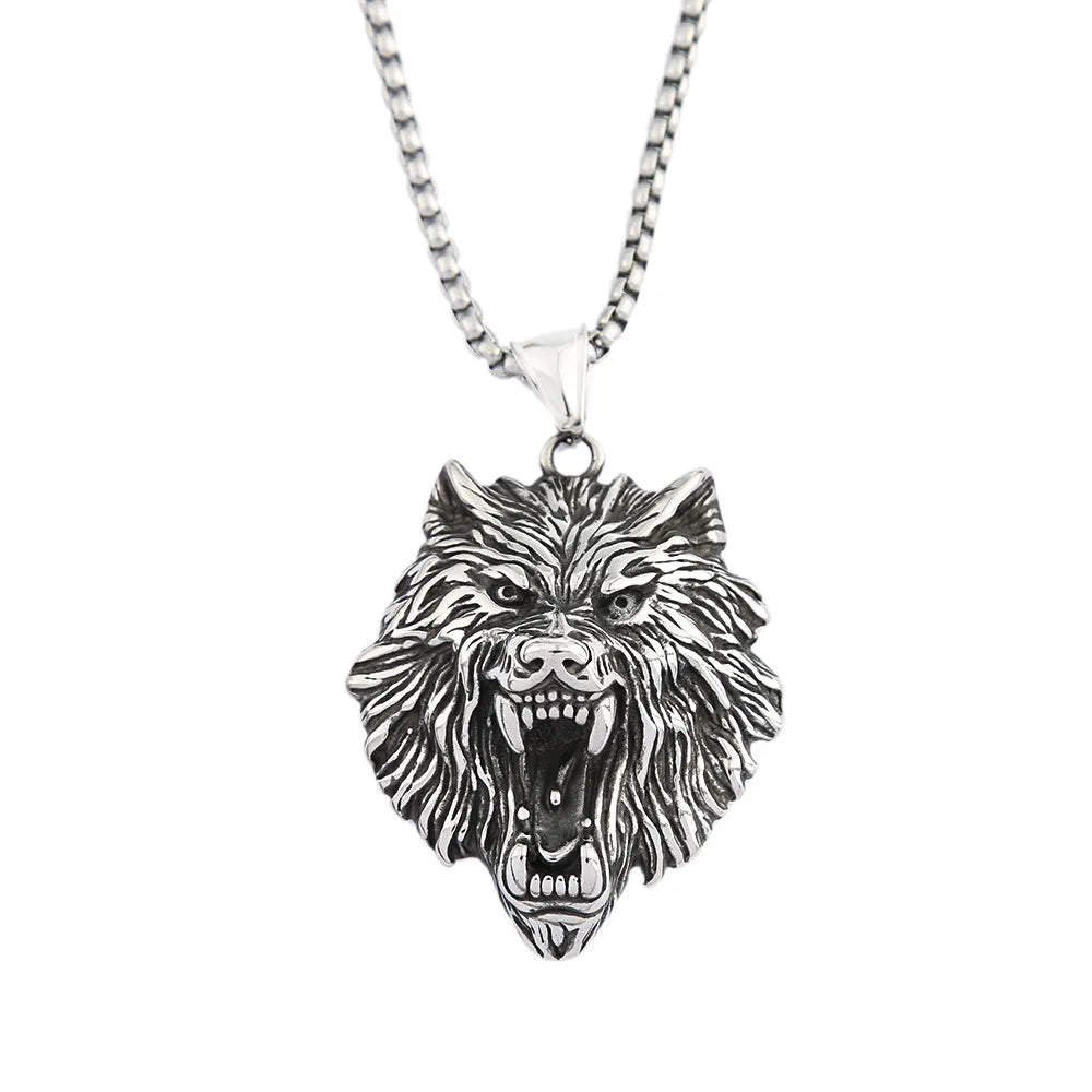 Fashion Charm Viking Wolf Head Pendant Trendy Men's 316L Stainless-Steel Animal Necklace Punk Rock Jewelry Accessories