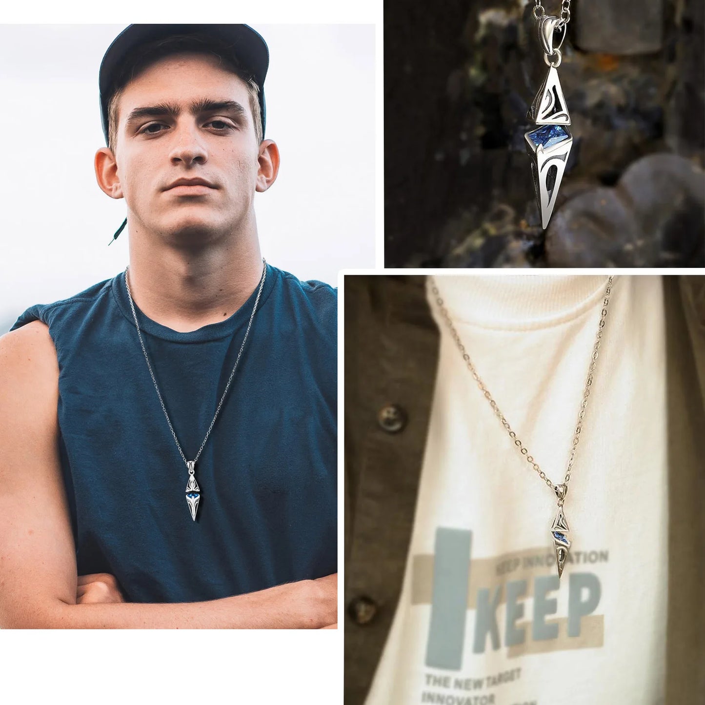 Stylish Blue Stone Man Necklaces Stainless Steel Jewelry Cube  Pendant Collar Birthday Party Dad Boyfriend Valentine Gifts