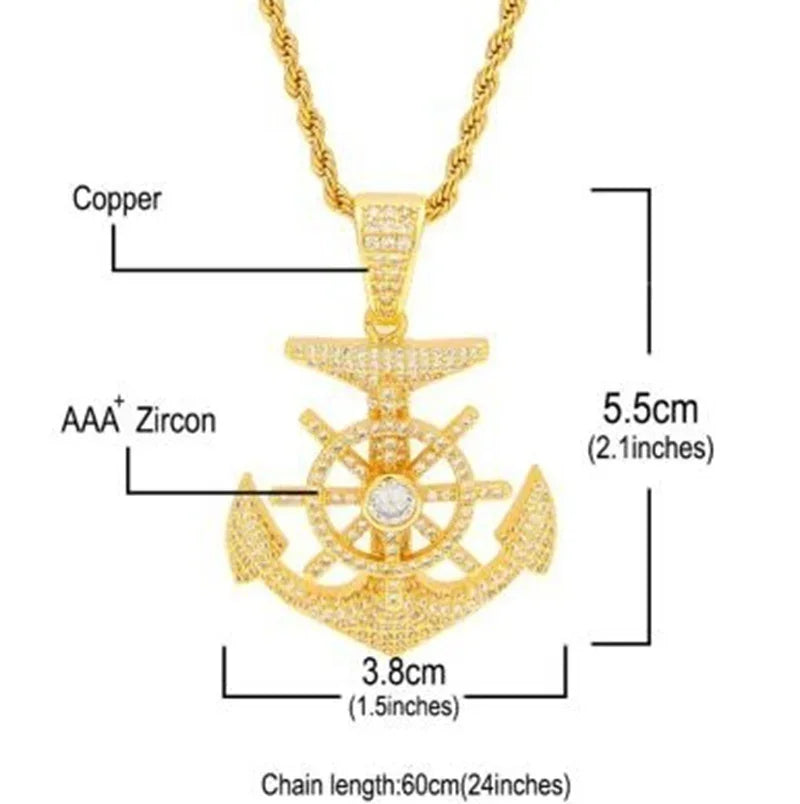 Hip Hop Ice Out Anchor Pendant Necklace for Men Women Fashion Rock Jewelry Music Festival Party Christmas Gift