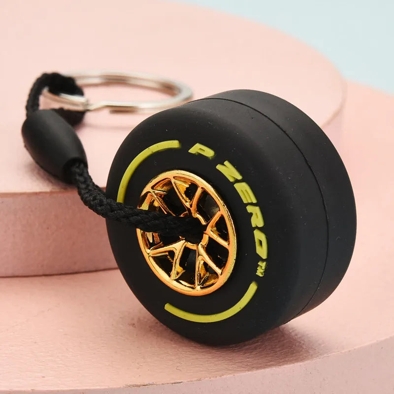 Luxury Mini F1 Racing Tire Keychain Car Key Accessories PVC Tyre Pendant Bag Charm Men's Gadgets Gifts For Friends Car Lovers yellow