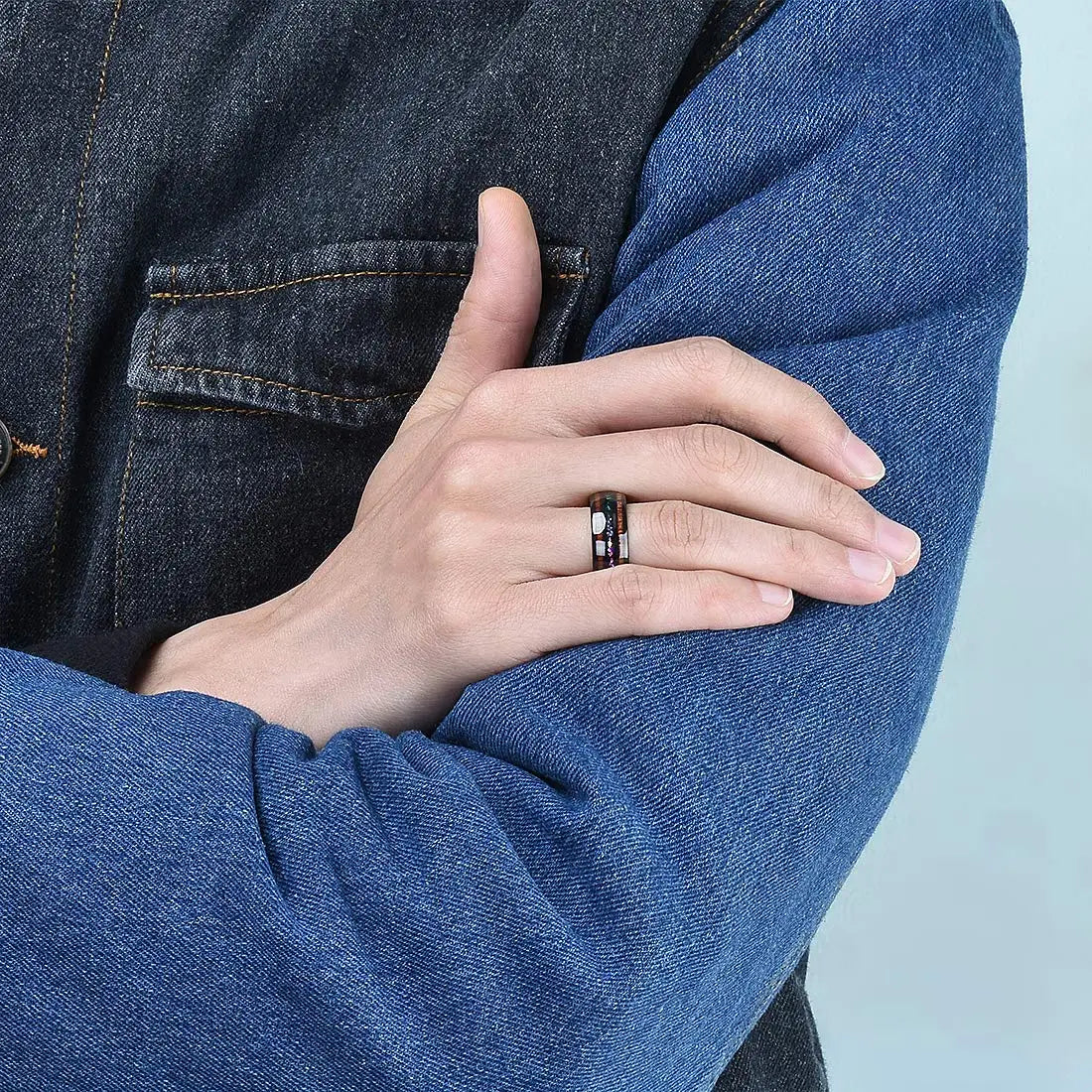 Fashion 8MM Rose Gold Color Stainless Steel Rings For Men Women Colorful Abalone Shell  Inlaid Men Rings Wedding Party Jewelry