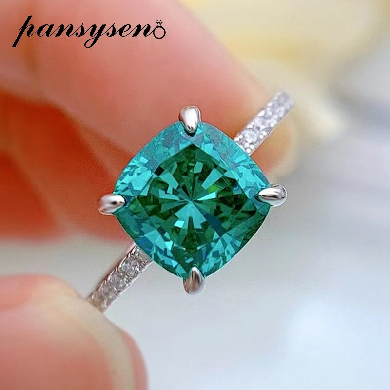 PANSYSEN Vintage Solid 925 Sterling Silver 9MM Green Paraiba Tourmalin High Carbon Diamond Ring for Women Fine Jewelry