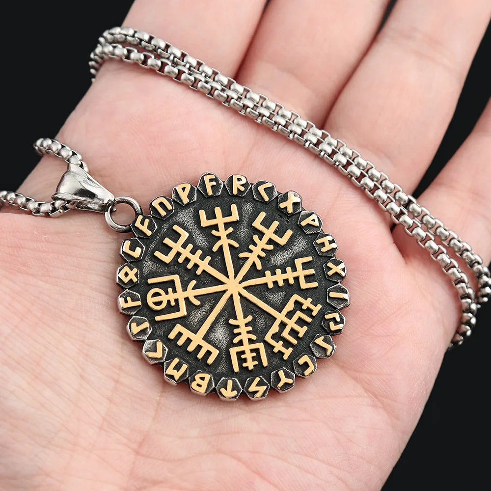 Stainless Steel Men Nordic Guidepost Compass Necklace Vintage Viking Rune Pendant Chain Vegvisir Amulet Scandinavian Norse Gifts