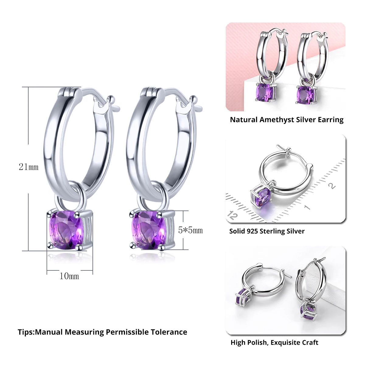 Natural Amethyst Solid Silver Drop Earring Genuine Purple Crystal Women Classic Romantic Style Jewelry S925 Top Quality Gifts