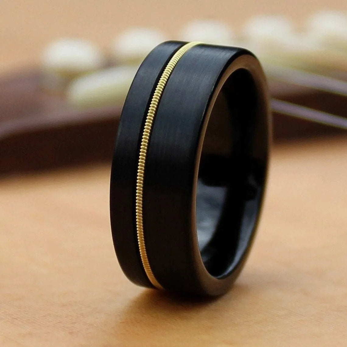 Fashion Black Stainless Steel Rings for Men With Guitar String Inlay Guitarist Ring For Musician Wedding Jewelry