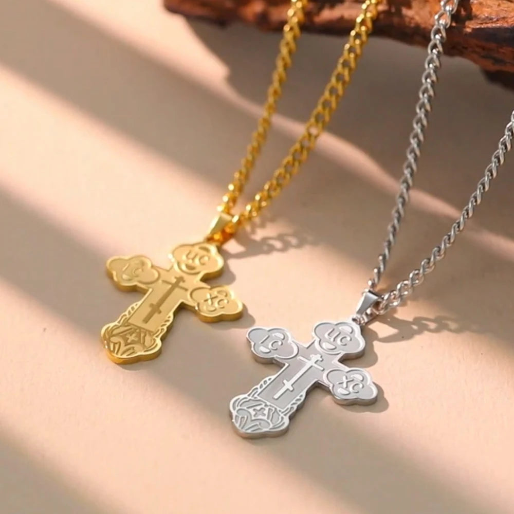 Dawapara Eastern Orthodox Serbian Cross Pendant Necklace Stainless Steel Jewelry Talisman Charm Necklaces