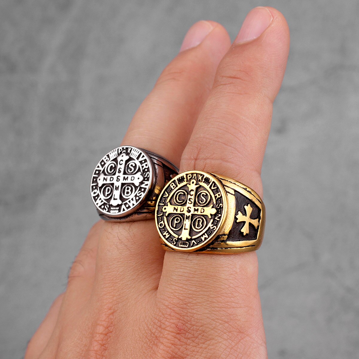 Exorcism Saint Benedict Cspb Cross Men Rings Punk Hip Hop for Boyfriend Male Stainless Steel Jewelry Creativity Gift