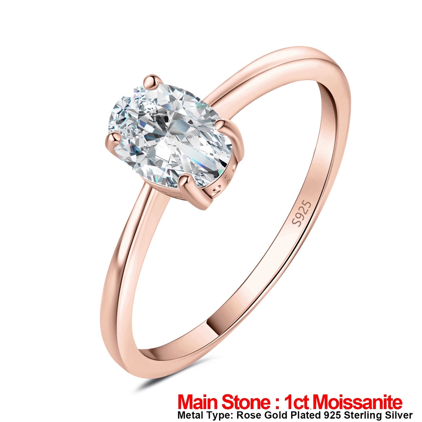 JewelryPalace Moissanite D Color 1ct 2ct Oval S925 Sterling Silver Solitaire Wedding Ring for Woman Yellow Rose Gold Plated Rose Gold Plated GRA Certificate