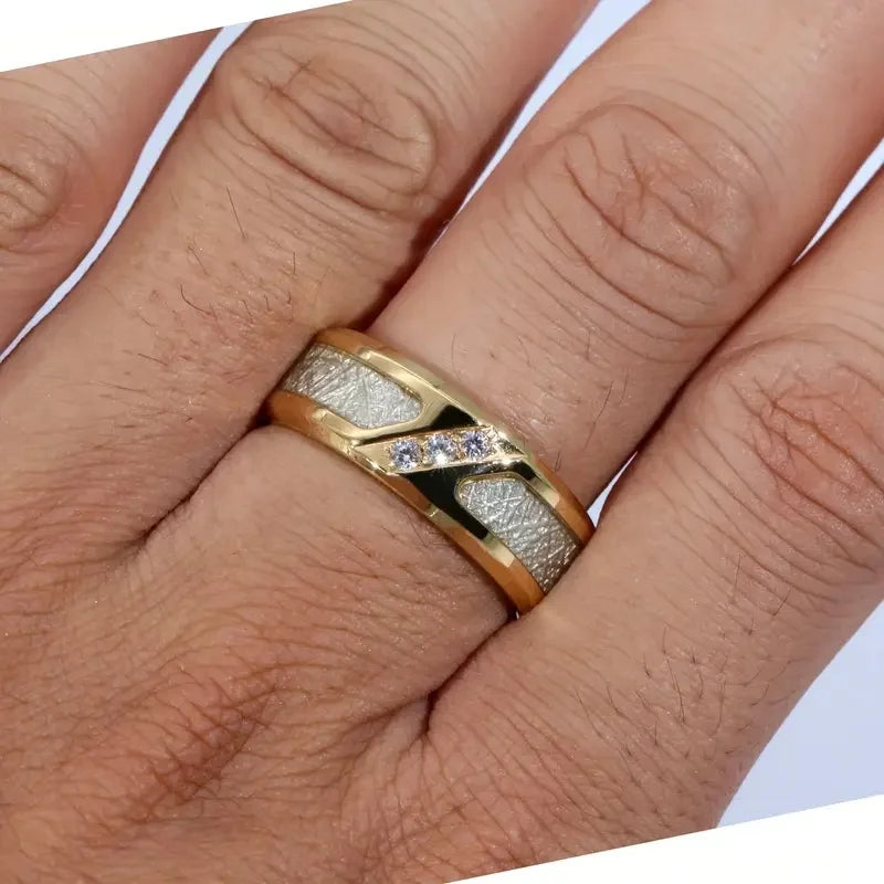 Gold Color Tungsten Carbon Fibre Wedding Rings Trendy 8mm For Men Meteorite Cubic Zirconia Inlaid Stainless Steel Engagement