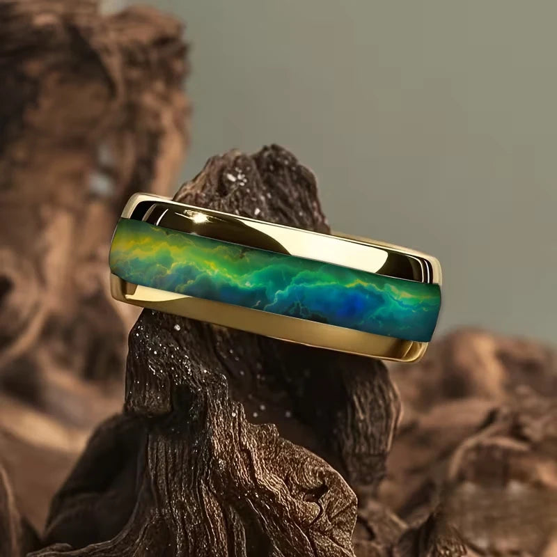 Fashion Dynamic Color Green Gradient Nebula Rings, 8mm Cosmic Starry Sky Stainless Steel Men Ring, Wedding Band Jewelry