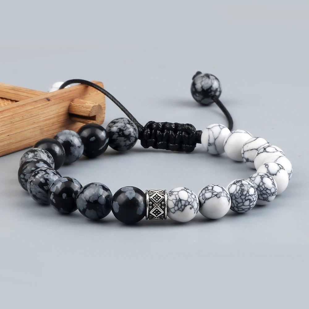 Fashion Black White Beaded Bracelets For Men 8mm Natural White Howlite Stone Beads Bracelet Women Meditation Prayer Jewelry Gift