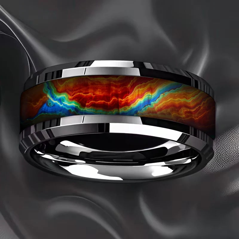 Wedding Band Jewelry Unique Mysterious Colorful Gradient Nebula Pattern Rings , 8mm Cosmic Starry Sky Stainless Steel Men Ring