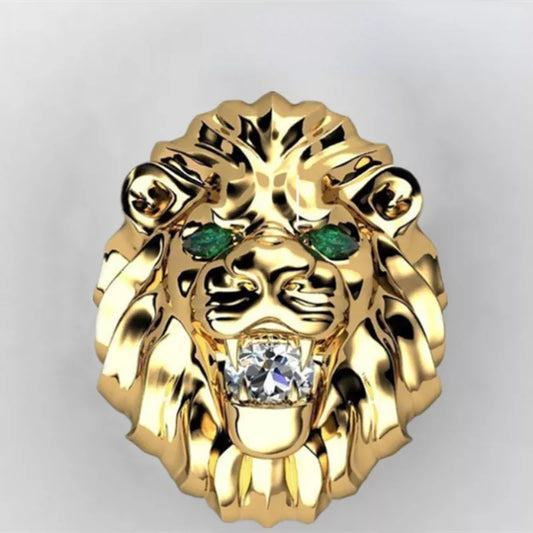 Fashion Men Creative Lion Head Ring Animal Lion Statue Punk Ring Hip Hop Rings for Men Animal Jewelry Party Anniversary Gift gold