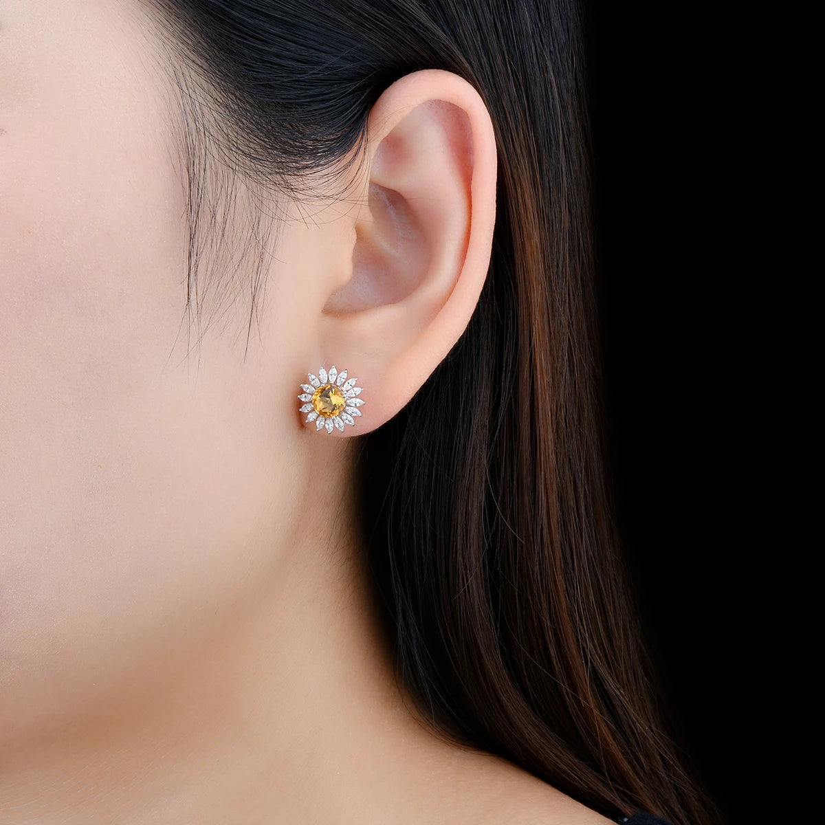 Natural Citrine Sterling Silver Stud Earring 2 Carat Gemstone Yellow Citrine Flower Design Women Romantic Jewelry New Year Gift