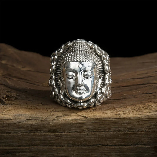 1pc silver Buddha's head alloy ring, fashion trend, handsome personality, adjustable size of fashion accessories, suitable for d