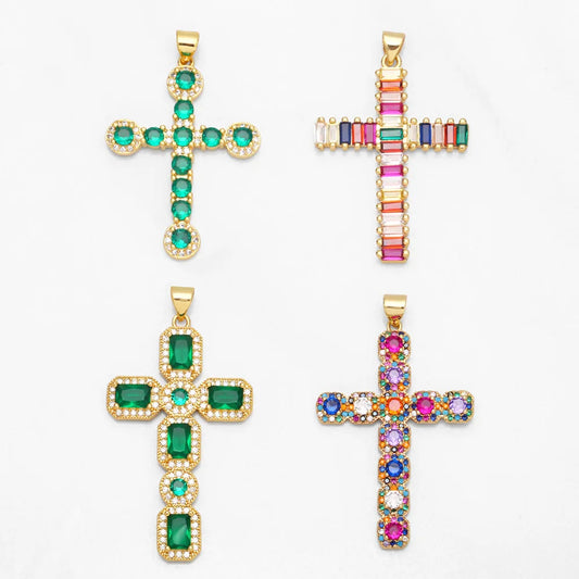 OCESRIO Rainbow Cross Pendants for Necklace Copper Gold Plated Cubic Zirconia Crucifix Jewellery Making Accessories pdta762