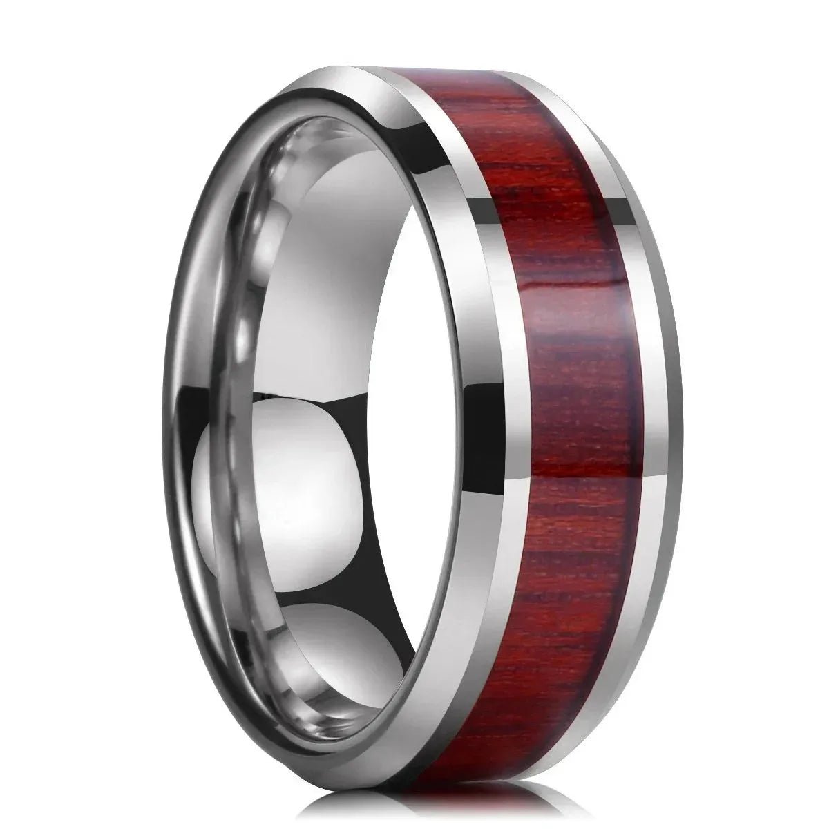 Fashion Men Stainless Steel Rings Red Koa Wood Inlay High Polished Wedding Band Ring for Men Women Anniversary Jewelry