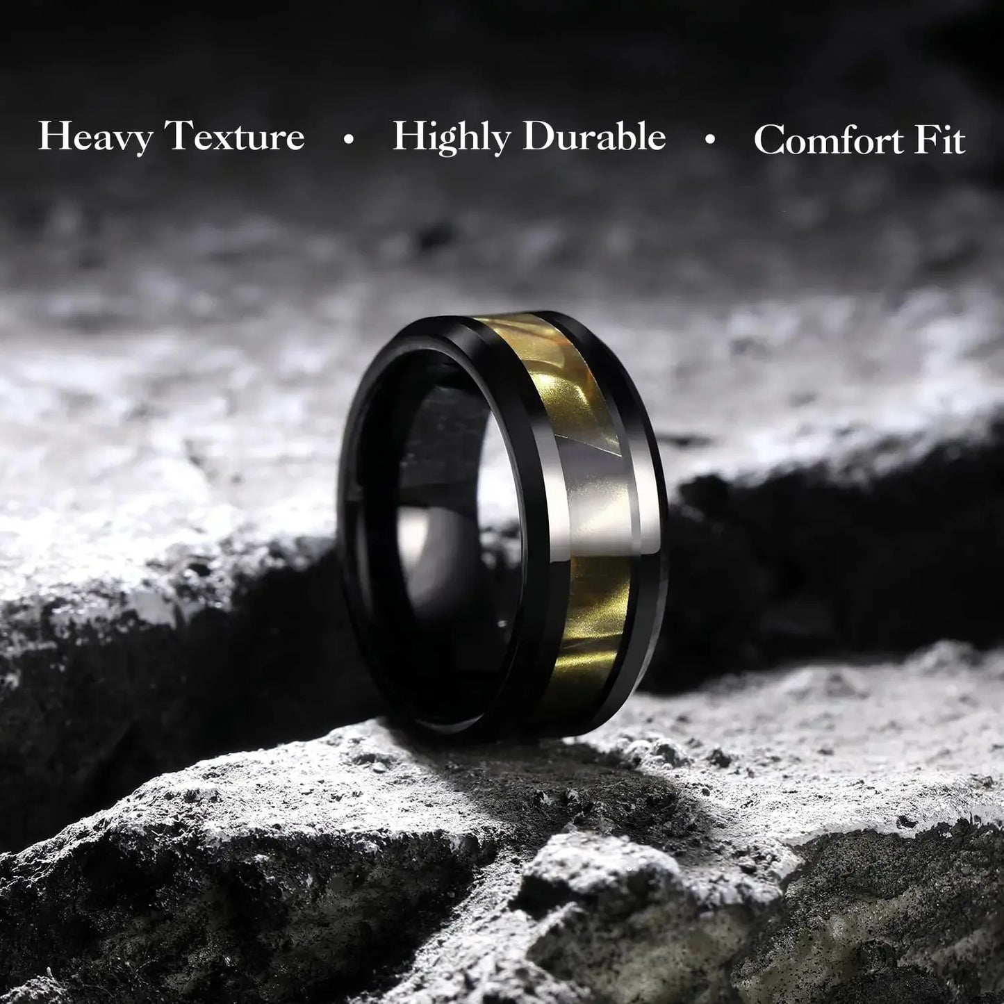Fashion 8mm Men Black Stainless Steel Rings High Polished Yellow Abalone Shell for Men Wedding Party Jewelry Anniversary Gifts