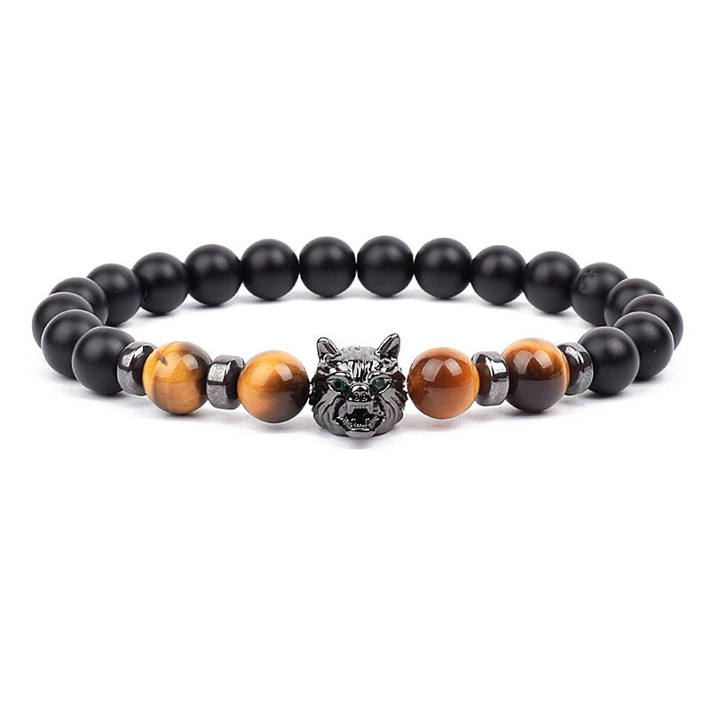 Wolf Charm Bracelets Men Natural Black Agates Onyx Stone Bracelet Brave Blue Tiger Eye Elastic 8 mm Beads Jewelry Beaded Pulsera Yellow tiger eye 8