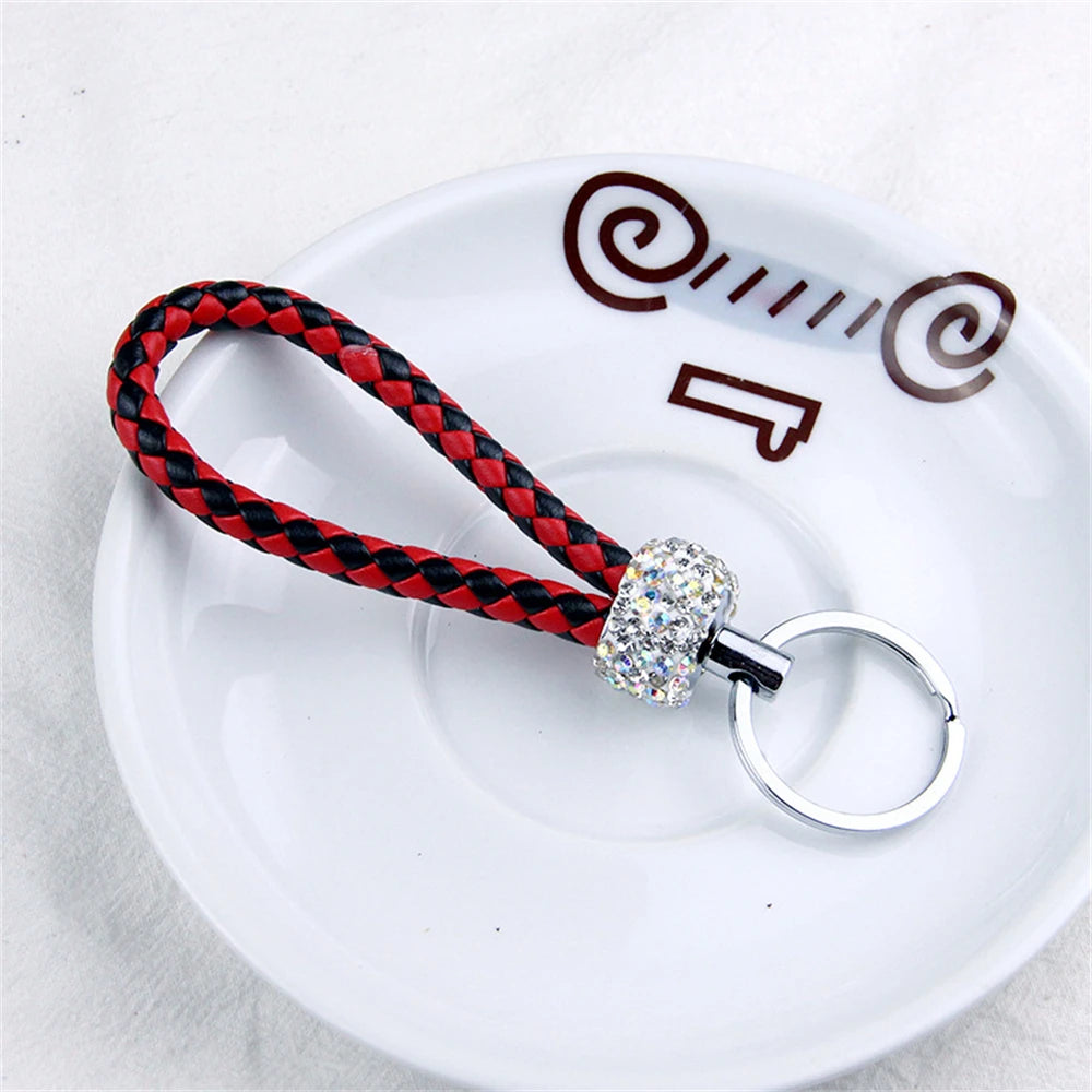 Fashion PU Leather Woven Keychain Glitter Rhinestones Braided Rope Keyring For Men Women Car Key Holder Charms Accessories Gifts G CHINA