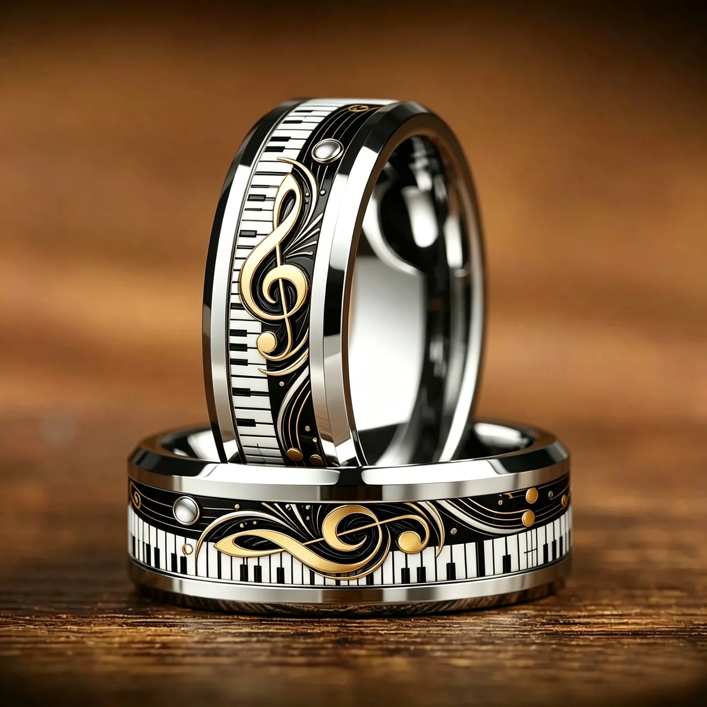 Elegant Piano Keys And Golden Notes Pattern Inlay Ring Fashion Stainless Steel Rings for Men Women Wedding Band Jewelry Gifts